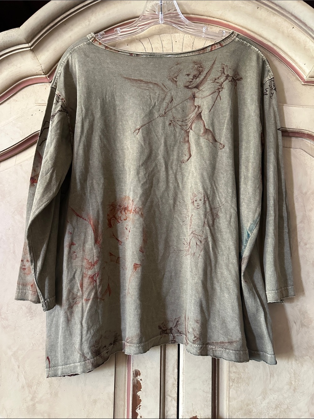 Paper Lace Olive Green Long-Sleeve Cherub Print Tee T-Shirt size One Size - Picture 4 of 4